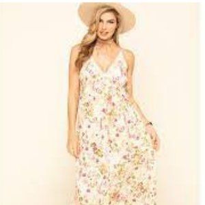 Band Of Gypsies Maxi Dress Ivory Floral Tank SZ XS Boho PrairieTiered Layers